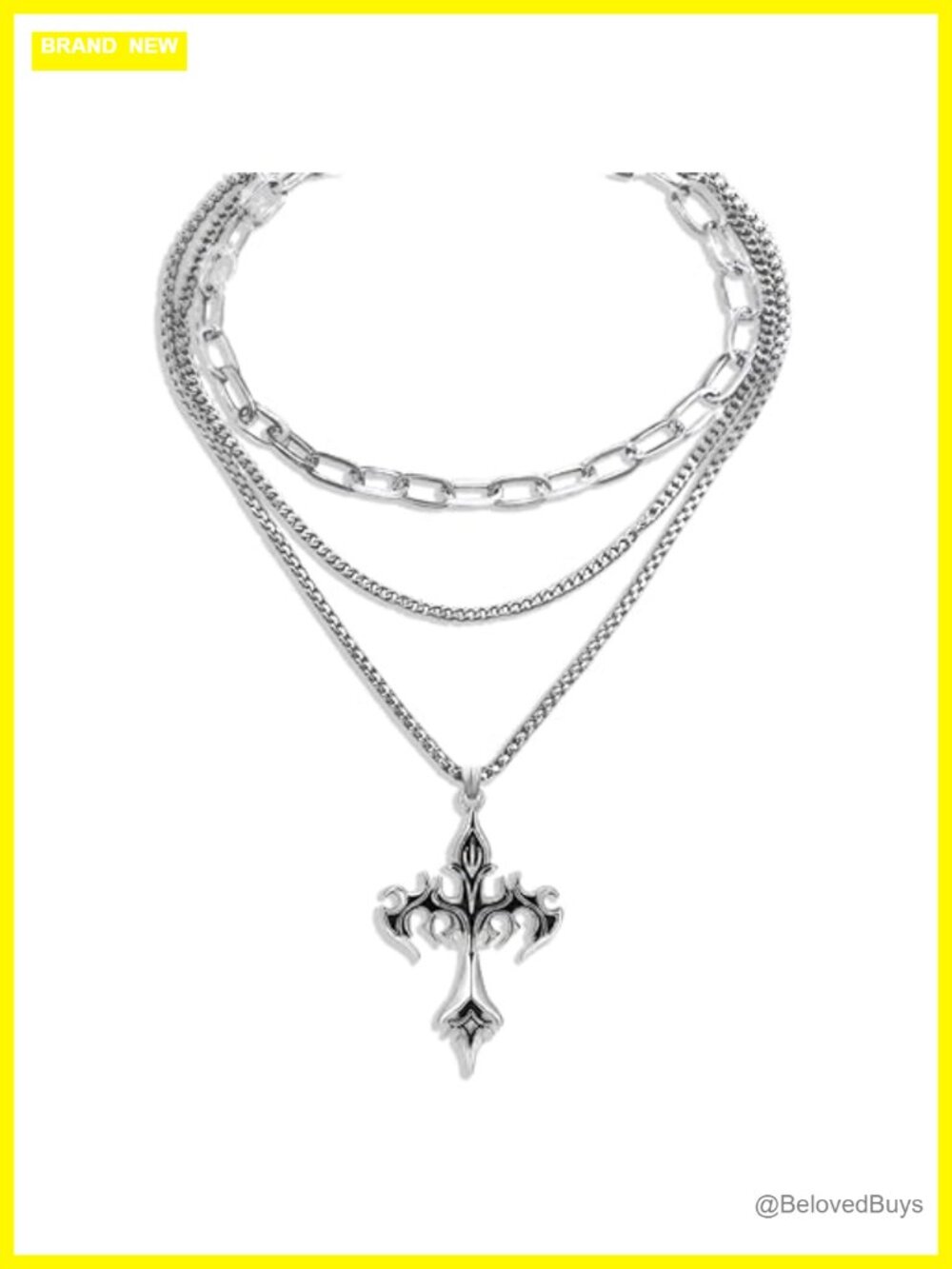 Gothic Cross Necklace Set Layered Silver Tone Zinc Alloy 2 Piece